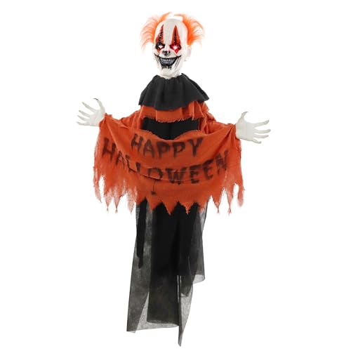 Haunted Hill Farm Clown Halloween Animatronic Tree Hugger with Movement, Sounds, Light-Up Eyes, and Attached Elastic Straps for Scary Outdoor Halloween Decorations, Halloween Props for Home