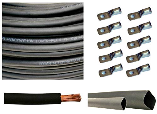 WNI 1/0 AWG 1/0 Gauge 15 Feet Black Battery Welding Pure Copper Ultra Flexible Cable + 5pcs of 5/16 & 5pcs 3/8 Copper Cable Lug Terminal Connectors + 3 Feet Heat Shrink Tubing
