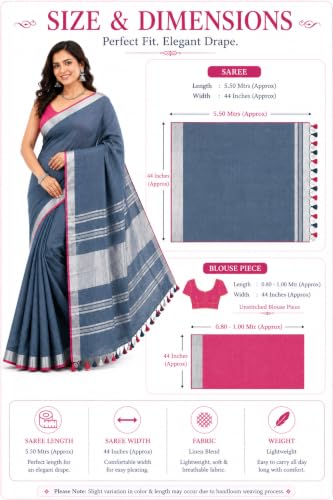 Image of HAIDER ALI AND SONS Grey Cotton Linen Saree for Women | Soft Linen Slub Blend Saree with Running Blouse Piece | Lightweight Handloom Style Saree | Office, Casual, Party & Festival Wear