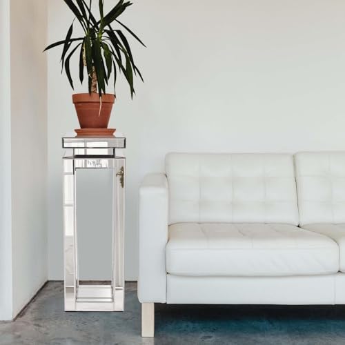 Image of Howard Elliott Large Silver Mirrored Pedestal Accent Table for Home Decoration, Mirrored Finish Design End Table for Bedroom, Entryway or for Any Room, 12 x 12 x 36 inches