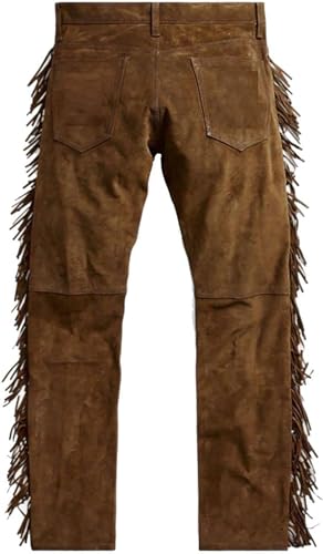 Men's Traditional Native American Cowboy Western Buckskin Leather Pant Gold with Fringes Trouser Style2