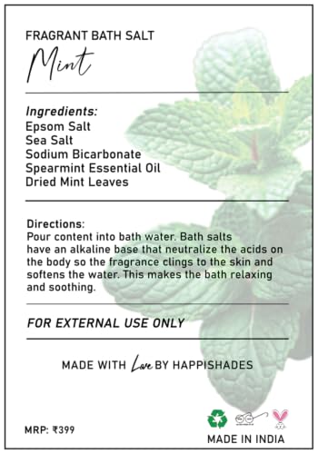 Image of Happishades Bath Salt | For Body & Foot Spa, Calming, Relaxing, Muscle Aches Pain Relief, Aromatherapy | Pure & Natural Epsom, Sea Salt & Essential Oils - 200 grams (Mint)