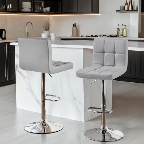 Image of Yaheetech Bar Stools Set of 2, PU Leather Adjustable Barstools, Modern Counter Stools with Back and Footrest, Counter Height Barstools for Bar, Kitchen, Dining Room, Light Gray