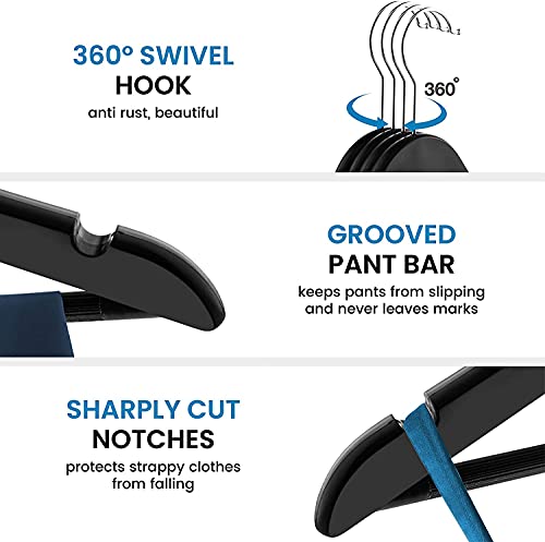 Image of WHISKET - Premium Wooden Clothes Hangers | 360 Chrome Swivel Hook | Non-Slip Notches for Shirts, Dresses & Coats | Space Saving Wardrobe Organizer. (Black) [Pack of 4]