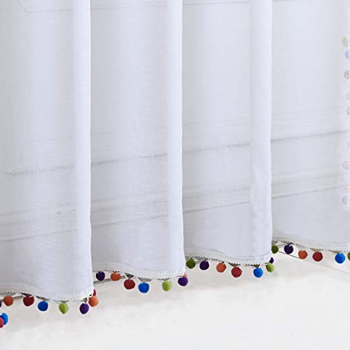 Image of Treatmentex Sheer White Curtains with Multi-Color Pom-Pom Sheer Curtains for Toddler 84 inch Long Linen Textured Decorative Nursery Room Window Drapes 52 inch w 1Pair
