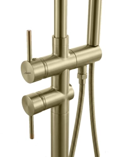 Image of Aquieen Freestanding Bathtub Filler Faucet with Hand Shower - Luxury Floor Mounted Bath Tub Tap for Modern Bathrooms | Hotels (Brushed Gold)