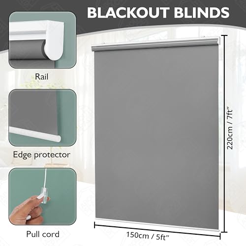 Image of ABOUT SPACE Window Blinds - 7 x 5 ft Cordless Blackout Roller Blinds for Privacy, UV Protection | 100% Blackout Roll Up Curtain Window Shades for Home, Office, Living Room, Bedroom- Dark Grey