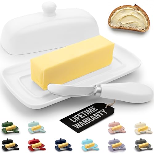 Zulay Kitchen Ceramic Butter Dish with Lid For Countertop & Stainless Steel Knife – Keeps Butter...
