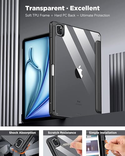 Image of Robustrion for iPad Air 13 inch Cover Case /for iPad Pro 12.9 inch with [Pencil Holder] [Transparent Back] Hybrid Case Cover for iPad Air 13 inch 2024 [Auto Sleep Wake Support] - Black