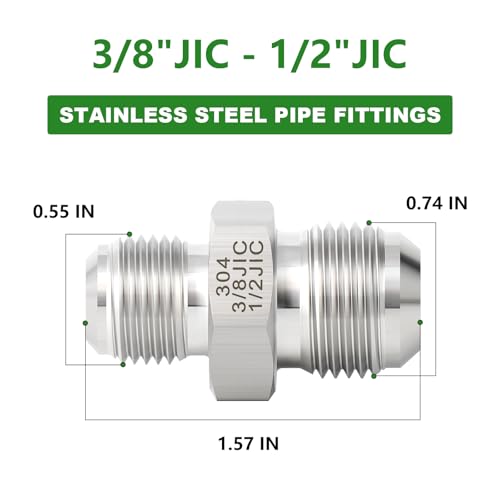 Image of TAISHER 2PCS Forging of 304 Stainless Steel JIC Flare Tube Fitting, 3 /8 inch JIC Male x 1 /2 inch JIC Male, Union