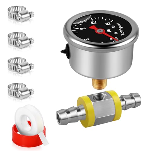 Boltigen Fuel Pressure Gauge, 1/8'' NPT Inline Fuel Pressure Guage Kit with 3/8'' Barb, Stainless Steel, 0-15Psi Glycerin Filled, Center Back Mount (Black)