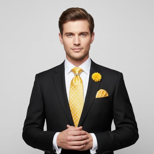 Image of 5PCS Mens Silk Tie, Pocket Square, Cufflinks, Drilled Tie Ring and Lapel Pin Set for Wedding Groom Party