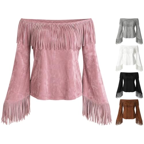 Cowgirl Shirt for Women Off the Shoulder Western Fringe Tops Red - image 1