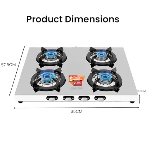 Image of INALSA Premium Gas Stove 4 Burners Steel Body|Include Commercial & Tornado Brass Burner|LPG Ready & PNG Compatible|Slim Gas Stove |5 Yr Warranty on Burner & 2Yr On Product|Gas Chulha(Iceline 4B)