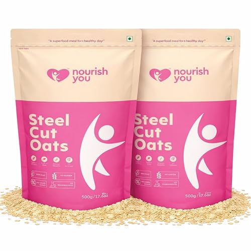 Image of Nourish You Premium Steel Cut Oats - 1Kg | 14.2g Protein per 100g | 10.2g dietary Fibre per 100g | Gluten Free Oats | High in Iron & Fibre | Healthy Protein Breakfast Cereal & Oatmeal | Diet food for Weight Management | Value pack |