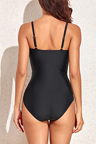 Smismivo Tummy Control Swimsuits For Women One Piece Bathing Suit Wrapped Mesh Slimming Ruched Swim Suit Padded Push Up V Neck Swimwear Design For Swimming Pool (Black) #TOP1