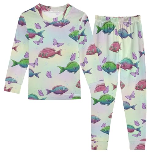 Pajama Sets Long Sleeve Fish Butterflies Bubbles Pastelcolors Soft Comfy Sleepwear 2 Piece PJS 3-8T