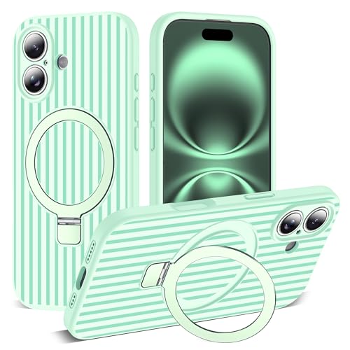 SKYLMW Striped Case for iPhone 16 Plus with Stand,6.7" Green/Mint Green