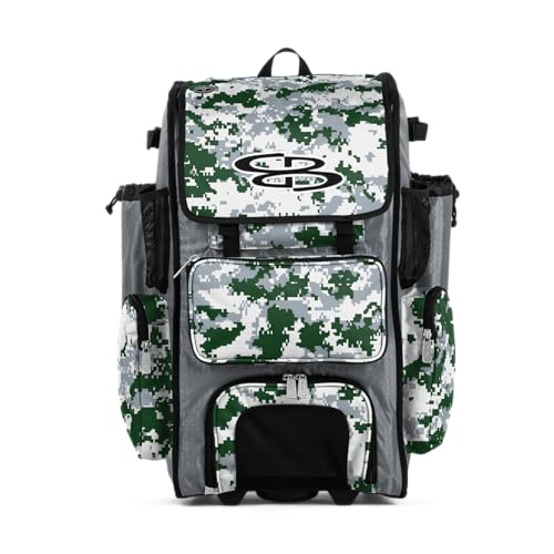 Boombah Rolling Superpack Baseball/Softball Gear Bag - BRSP2CMC23 Digital Camo Gray/Dark Green - Telescopic Handle - Holds 4 Bats - Wheeled Version