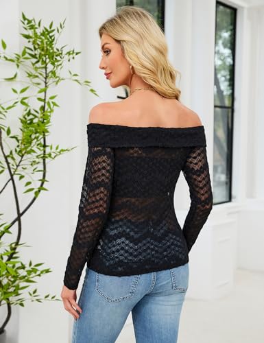 Blooming Jelly Lace Tops Women Sheer Long Sleeve Mesh Off The Shoulder See Throug Tshirts Going Out Fall Clothes4