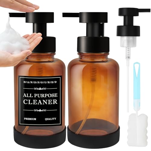 Maxumille Foaming Soap Dispenser, 400ml Amber Glass Foam Dispenser with Replaceable Pump Head, 2 Pack Hand Soap Dispenser for Bathroom & Kitchen, 13.5oz Refillable Washing up Liquid Dispenser Non-slip