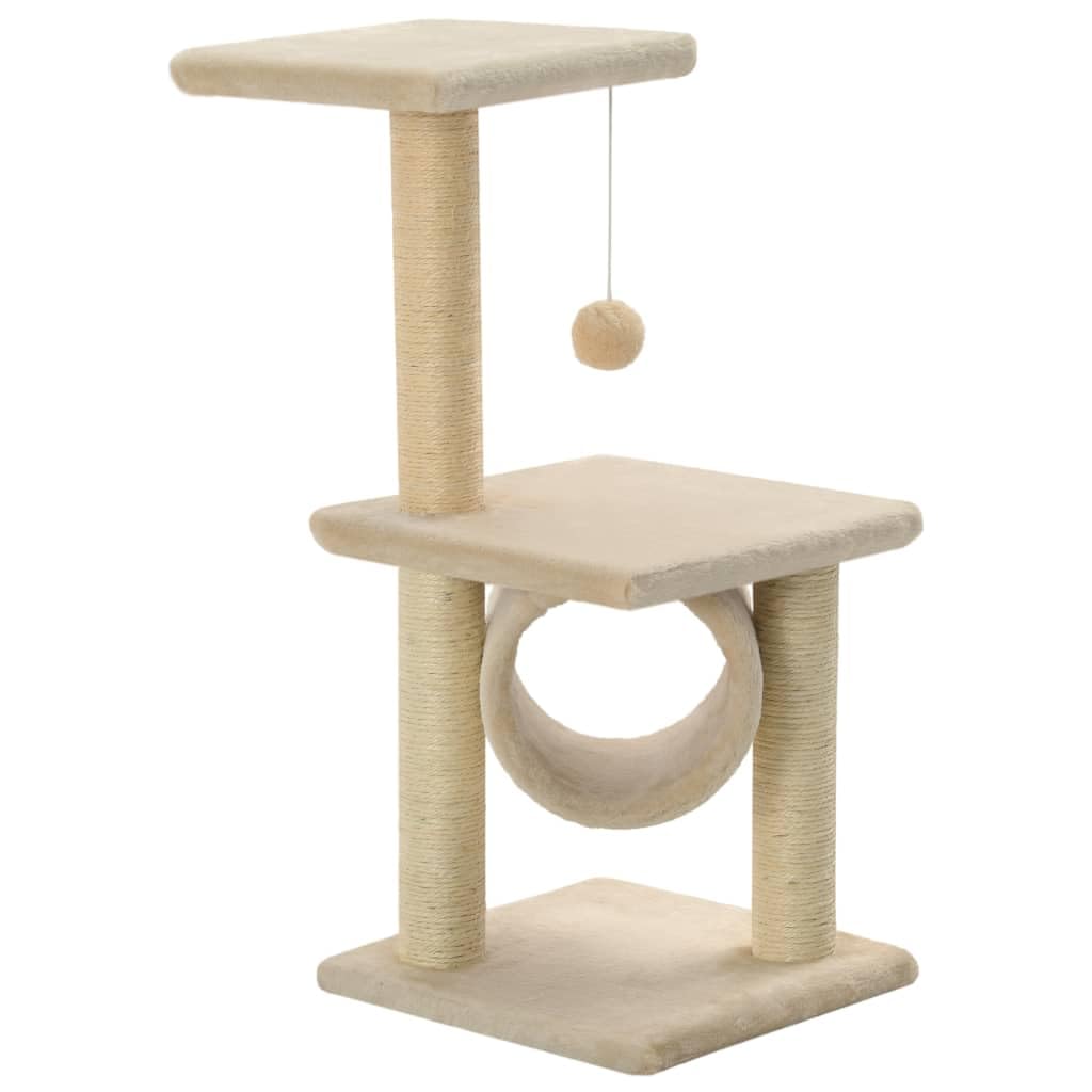 Kratzbaum für Kätzchen 65cm Kleiner Katzenbaum Sisal Beige | Platzsparender Katzenbaum fürs Wohnzimmer mit Aussichtsplattform, Sisalstamm und hängendem Spielball zur Beschäftigung.