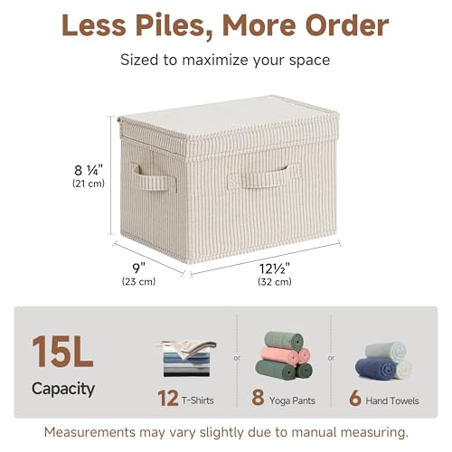 Image of StorageWorks Fabric Storage Bins with Lid, Decorative Storage Boxes for Shelves, Stackable Closet Organizer Basket with Handles, Medium, Khaki and Beige Stripes, 2-Pack