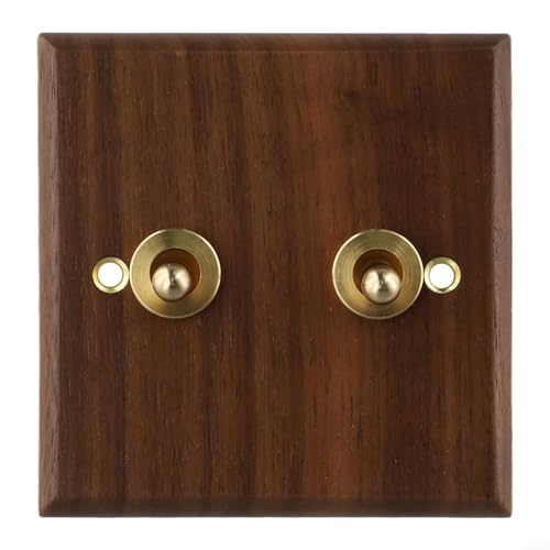 Retro American-Industrial Style Light Switch Socket Walnut Solid Wood Toggle Light Rocker Switch 2 Way Brass Lever Interior Light Switch ON-Off Plate Decorative Wall Plate(2 Gang)