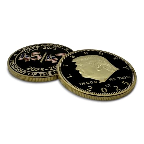 Image of President Donald Trump 45 47 2025 24kt Gold Challenge Coin, Trump Coin Collectors Souvenir, 45 & 47 with Red White & Blue Flag Plus 24kt Gold Plating, Large Size 45mm x 3mm Oval Office