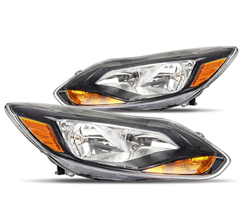 MARSFLUX Headlights Assembly Black Housing + Amber Compatible With 2012 2013 2014 FORD FOCUS Only Fits Models with Halogen Headlights (Driver and Passenger Side)