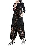 COWOKA Women's Loose Baggy Overalls Denim Printed Bib Drop Crotch Cotton Wide Leg Jumpsuit Harem Pants Floral3 XL
