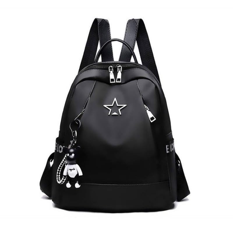 Mochila Feminina Preta com Estrela, Alças Ajustáveis, Zíper Duplo, Pingente Decorativo