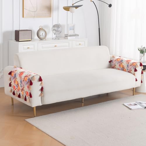 Image of HOKIPO Premium Sofa Armrest Cover (1 Pair) | Printed Holland Velvet with Tassels | 'Whispers of Nature' Vintage Rose Bloom (IN-1115-D12*2SM)