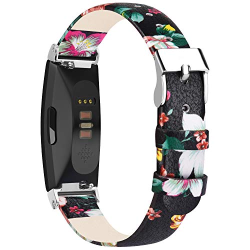 Amzpas Bracelet Compatible avec Fitbit Inspire/Fitbit Inspire HR/Fitbit Ace 2 , Classique en Cuir Véritable Bande de Montre Bracelet pour Fitbit Inspire/Inspire HR  (09 Fleur Rouge, 5,9"- 7,9") Cover