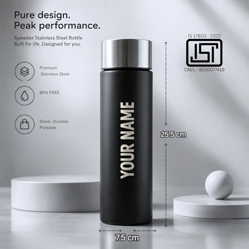 Image of Speedex Customized Black Stainless Steel Water Bottle 1 Ltr Single Wall | Personalised Name Printed Customised Water Bottle | BIS Approved | Reusable Bottle for Kids & Adults, School, Office & Travel