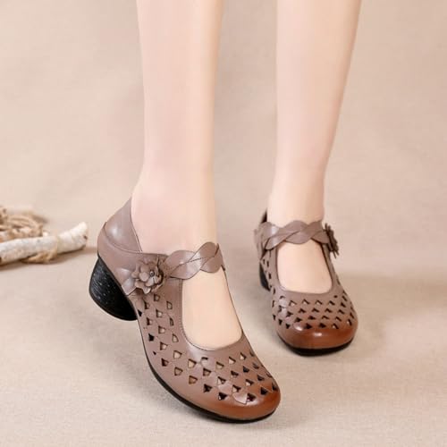 Women's Leather Hollow Out Mary Jane Chunky Heel Pumps,Casual Closed Round Toe Hook & Loop Low Heel Dress Shoes,Comfort Flower Block Heel Sandals4