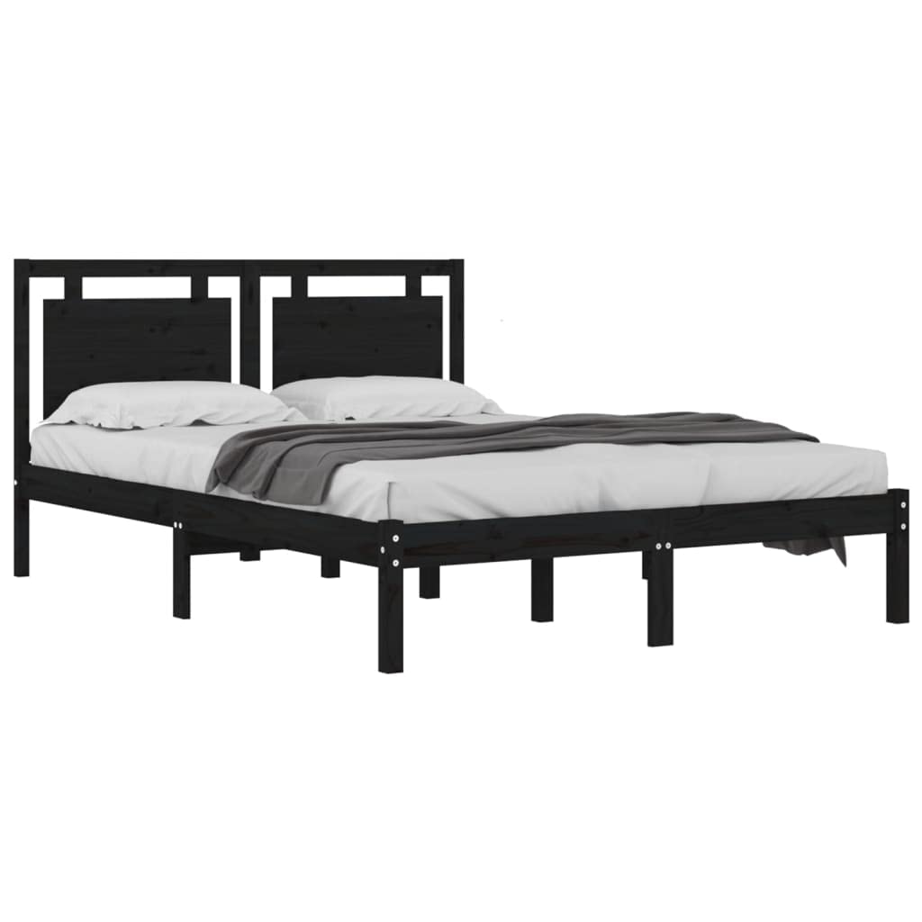 Lite drewno sosnowe klasyczny design klasyczna rama czarny 200x200 cm | Rama łóżka czarna lite drewno sosnowe 200x200 cm z wezgłowiem listwy ze sklejki