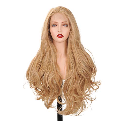 JINGFA Long Wavy Lace Front Wigs For Women Mixed Blonde Color Body Wave Wigs Heat Resistant Fibre Hair Free Part Color 613