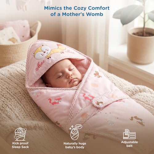 Image of Mee Mee 3-in-1 Baby Wrapper & Carry Nest for Newborns | Soft Breathable Cotton Swaddle with Hood and Cushion | Adjustable Tie-Up Design | Lightweight, Cozy & Easy to Carry (0-6 Months) (Pink)