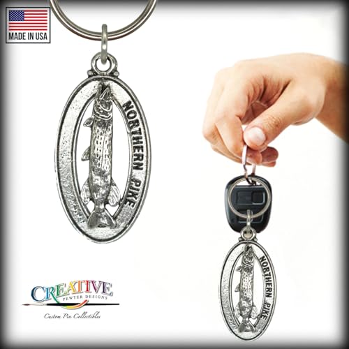 Northern Pike Keychain, Pewter, F064KC, 1 3/4”, 100% Handmade in the USA, Fish Keychain, Pike, Northern, Great Northern pike, Common Pike, Key Ring, Key Fob, Key Chain, 200 Fish Designs Available.4