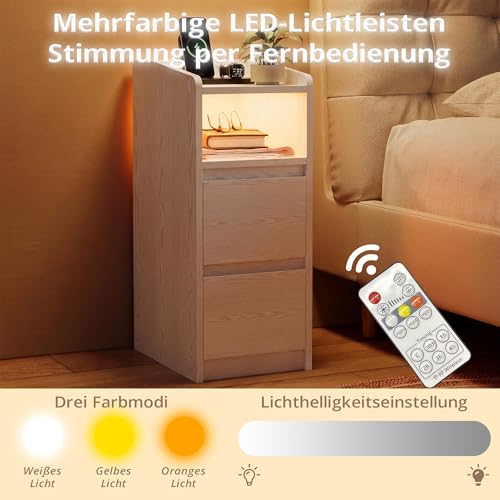 IRONCK Nachttisch Schmal, Beistelltisch mit Ladestation und LED, Bedside Table mit Offenem Fach, für Schmale Räume Schlafzimmer, Wohnzimmer, Weiß
