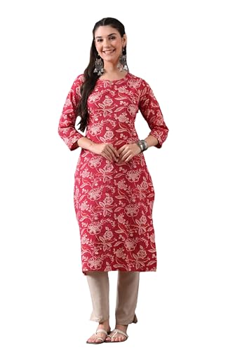 Image of Ichaa Women's Pure Cotton A-Line Katha-Work Ethnic Round-Neck Kurta with 3 /4th Sleeve for Daily and Office Wear, in Plus Sizes