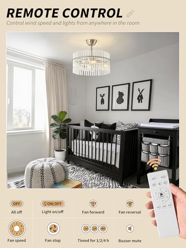Image of SYDACG 20 inch Silver and Clear Crystal Fandelier Ceiling Fan with Light, Mid-Century Chandelier Ceiling Fan with Light Remote Control, 6 Speeds for Bedroom, Nursery, Living Room