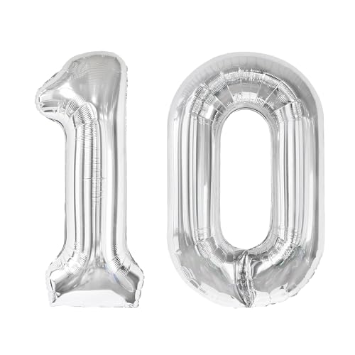 Image of Silver Number 10 Balloon 40 inch, 10 Number Balloons, 10th Silver Birthday Decorations, 10 Year Old Silver Party Supplies