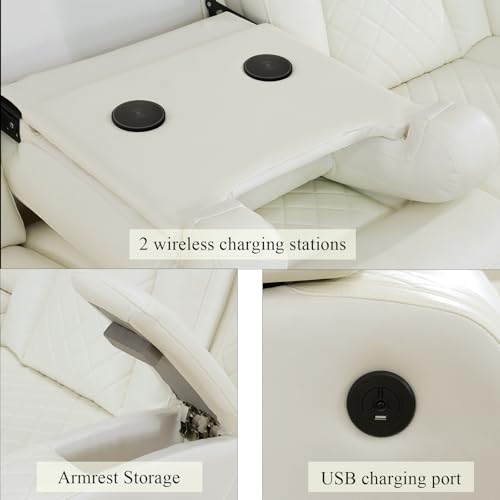 Image of Power Reclining Sectional Sofa Set - White Leather Couch with LED Lights, Storage Console, Cup Holders & USB Charging, Home Theater Recliner for Living Room