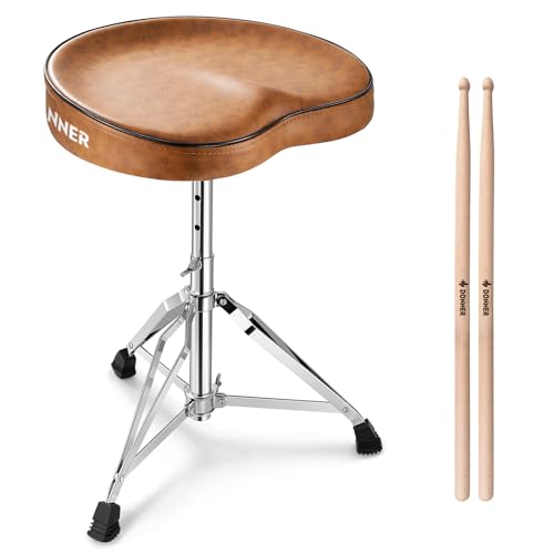 Donner Saddle Drum Throne, Height Adjustable Padded Seat Drum Stool for Adults and Kids, 5A Drumsticks Included, with Double Braced Legs Rubber Feet, Brown