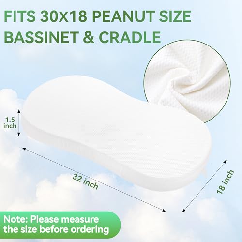 Image of Bassinet Mattress 30x18 Peanut, Baby Waterproof Replacement Pad Compatible with Halo Bassinet, Firm Support Foam Insert with Bamboo Viscose Cover