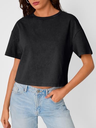 Trendy Queen Womens Crop Tops Short Sleeve T-Shirts Acid Wash Casual Summer Clothes Trendy Comfy 2025 Workout Baggy Soft Tees2