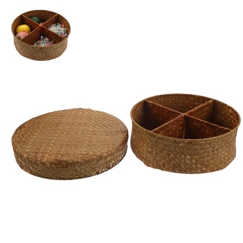 WHAMVOX Cesta Redonda de Ratán con Tapa y Compartimentos Bandeja Tejida Multifuncional para Frutas Snacks y Organización de Escritorio Diseño Compacto y Elegante para Cocina y Hogar