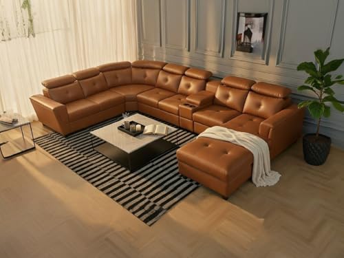 Image of Mishel 12 Seater Sofa Set for Living Room | Sectional U Shaped 12 Seater Sofa with Storage & Cupholder (Tan Leatherette, RHS)